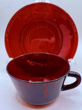 Vintage MCM Anchor Hocking Ruby Glass Teacup & Saucer Set 2 Pieces